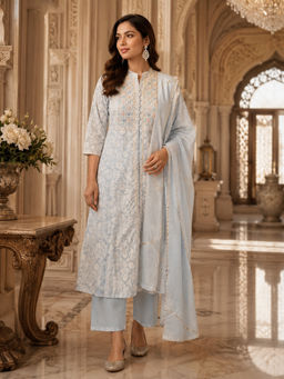 Rangita - Women Light Blue Cotton Embroidered Anarkali Kurta With Pant & Dupatta & Dupatta