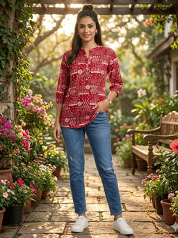 Rangita - Women Maroon Rayon Printed A-Line Short Length Short Kurti