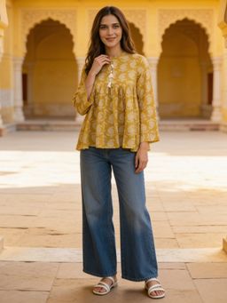 Rangita - Women Mustard Cotton Printed A-Line Short Length Short Kurti