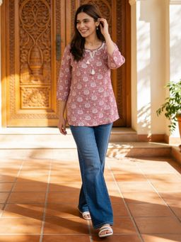 Rangita - Women Pink Rayon Printed A-Line Short Length Short Kurti