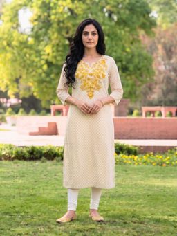 Rangita - Women Mustard Rayon Embroidered Straight Kurta