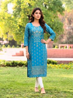 Rangita - Women Blue Rayon Printed Straight Knee Length Kurta
