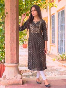 Rangita - Women Black Rayon Embroidered Straight Kurta