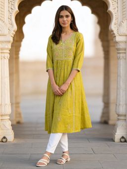 Rangita - Women Yellow Poly Viscose Printed Anarkali Kurta