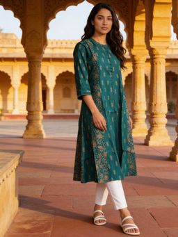 Rangita - Women Teal Poly Viscose Printed Anarkali Kurta