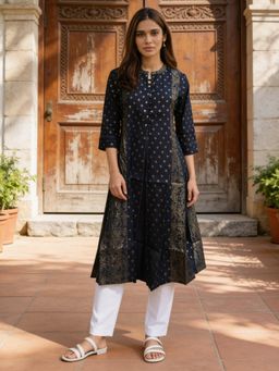 Rangita - Women Blue Poly Viscose Printed Anarkali Kurta