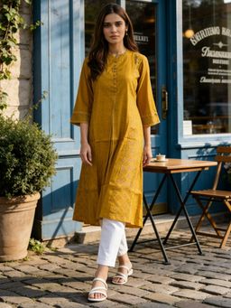 Rangita - Women Mustard Poly Viscose Printed Anarkali Kurta