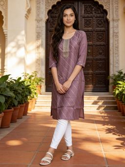 Rangita - Women Poly Viscose Embroidered Mauve Anarkali Kurta