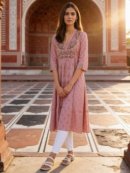 Rangita - Women Pink Poly Viscose Embroidered Flared Kurta
