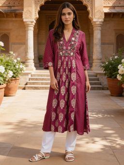 Rangita - Women Fuchsia Poly Viscose Embroidered Flared Kurta
