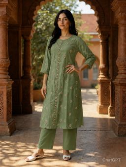 Rangita - Women Green Poly Viscose Embroidered Straight Kurta With Pant