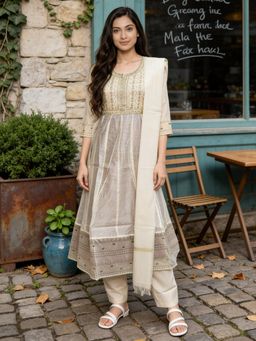 Rangita - Women Ivory Poly Viscose Embroidered Anarkali Kurta With Pant & Dupatta