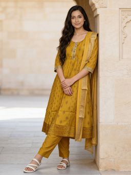 Rangita - Women Mustard Poly Viscose Embroidered Anarkali Kurta With Pant & Dupatta