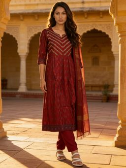 Rangita - Women Maroon Poly Viscose Embroidered Anarkali Kurta With Pant & Dupatta