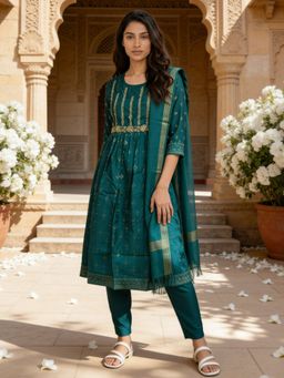 Rangita - Women Teal Poly Viscose Embroidered Anarkali Kurta With Pant & Dupatta