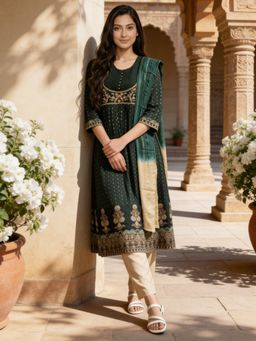 Rangita - Women Bottle Green Poly Viscose Embroidered Anarkali Kurta With Pant & Dupatta