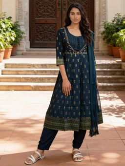 Rangita - Women White Poly Viscose Embroidered Blue Anarkali Kurta With Pant & Dupatta