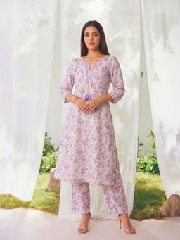 Rangita - Women Purple Cotton Printed Straight Kurta With Pant