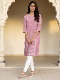 Rangita - Women Mauve Rayon Printed Straight Knee Length Kurta