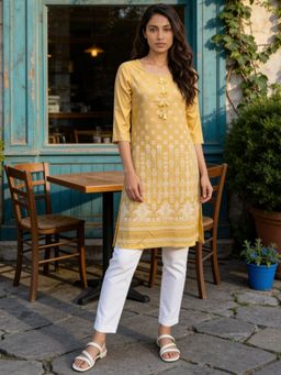 Rangita - Women Yellow Rayon Printed Straight Knee Length Kurta