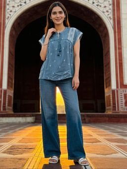 Rangita - Women Teal Rayon Embroidered A-Line Tunic