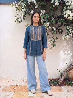 Rangita - Women Teal Rayon Embroidered A-Line Tunic