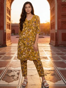 Rangita - Women Mustard Cotton Printed Straight Co-Ord Set