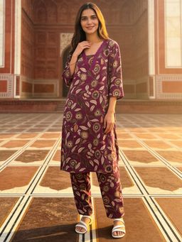 Rangita - Women Mauve Cotton Printed Straight Co-Ord Set