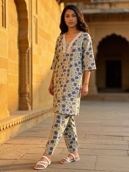 Rangita - Women Blue Cotton Printed Straight Co-Ord Set