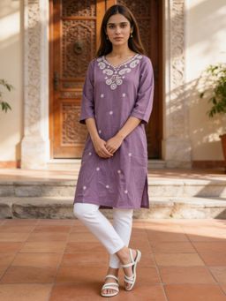 Rangita - Women Lavender Cotton Embroidered Straight Kurta