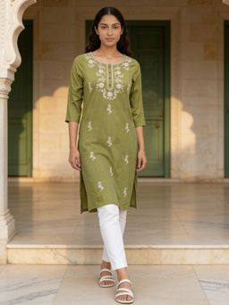 Rangita - Women Olive Cotton Embroidered Straight Kurta