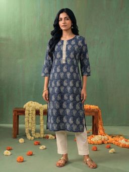 Rangita - Women Blue Rayon Printed Straight Knee Length Kurta