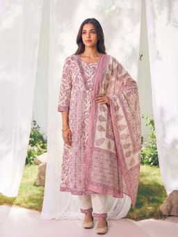Rangita - Women Pink Cotton Floral Printed Anarkali Kurta With Pant & Dupatta