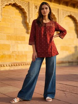 Rangita - Women Rust Rayon Printed A-Line Tunic