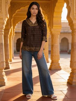 Rangita - Women Brown Rayon Printed A-Line Tunic