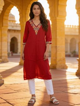 Rangita - Women Red Rayon Embroidered Straight Kurta