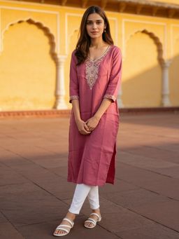 Rangita - Women Pink Rayon Embroidered Straight Kurta