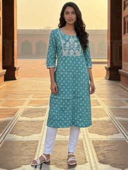 Rangita - Women Turquoise Rayon Embroidered Straight Kurta