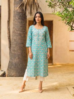 Rangita - Women Sea Green Cotton Embroidered Straight Kurta