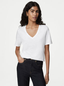 Marks & Spencer - White Pure Cotton V-Neck Everyday Fit T-Shirt