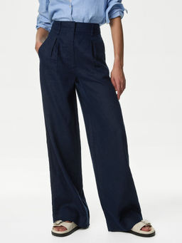 Marks & Spencer - Navy Pure Linen Wide Leg Trousers