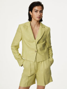 Marks & Spencer - Linen Blend Revere Collar Cropped Blazer