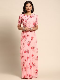 Kasee - Floral Poly Georgette Saree Peach with Unstitched Blouse