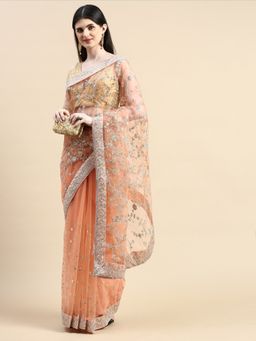 Kasee - Floral Embroidered Sequinned Net Saree Peach with Unstitched Blouse