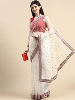 Kasee - Floral Embroidered Embellished Sequinned Net Saree White with Unstitched Blouse