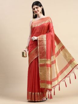 Kasee - Woven Design Zari Silk Cotton Saree Red with Unstitched Blouse