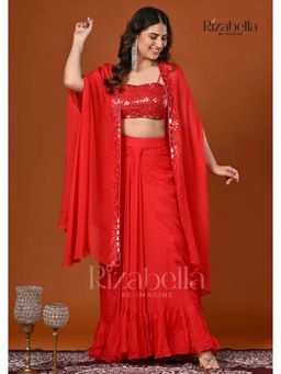 Rizabella - Women's Red Mirror Work Jacket with Blouse and Skirt