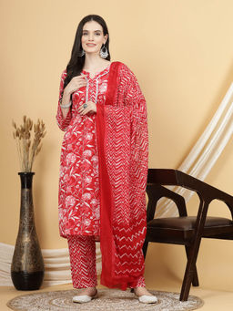 ANAISA - Women Red Floral Printed Kurta with Trouser & Dupatta (Set of 3)