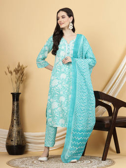 ANAISA - Women Blue Floral Printed Kurta with Trouser & Dupatta (Set of 3)