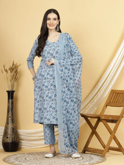 ANAISA - Women Blue Floral Printed Kurta with Trouser & Dupatta (Set of 3)